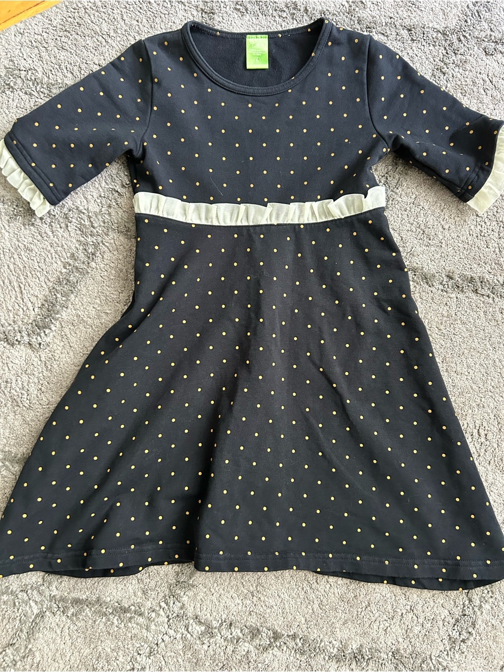 Peekaboo Beans Black Dress with Gold Dot Print and Cream Ruffle Trim